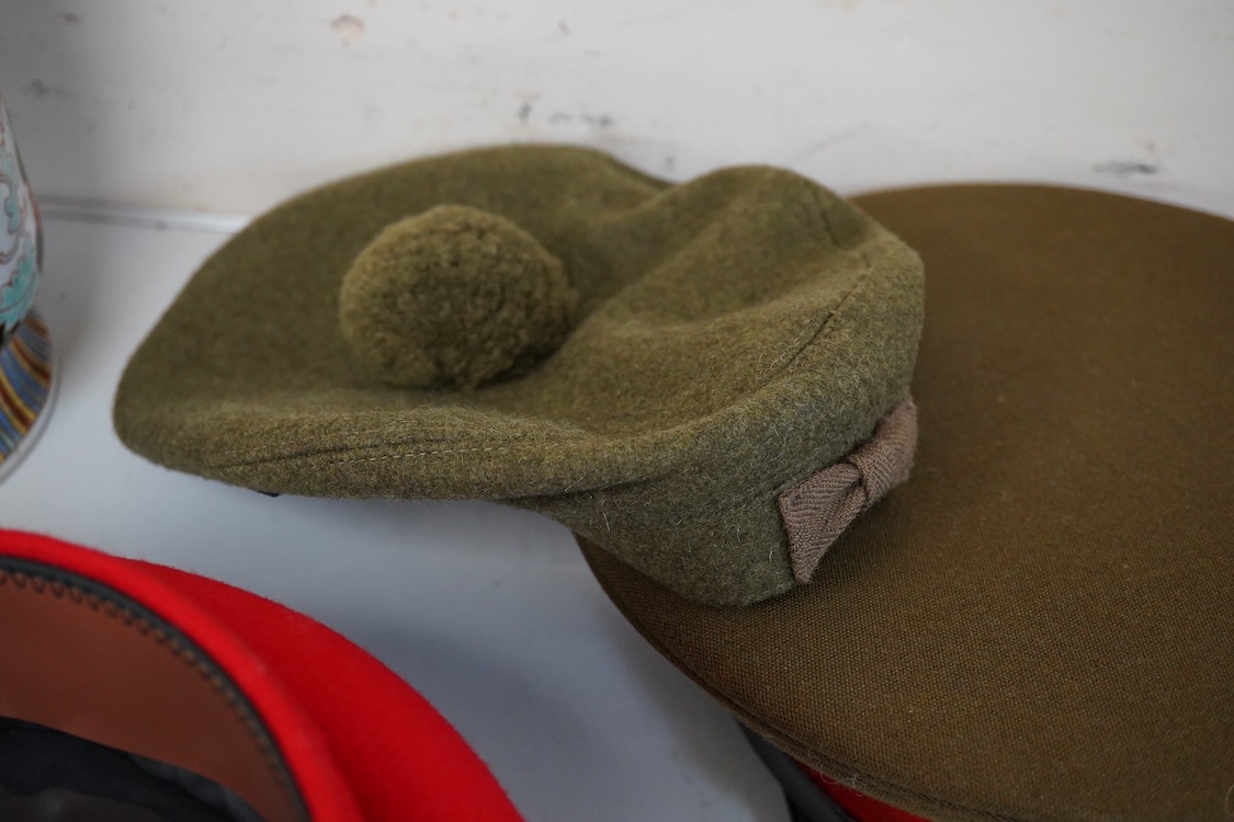 Four various caps, French Gendarme police hat etc